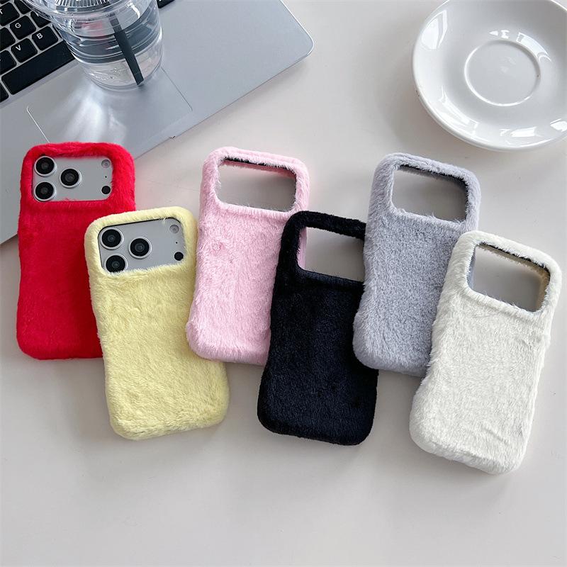 Winter Warm Solid Colors Furry Fluffy Plush Phone Case For iPhone 17 Air 16 15 14 13 Pro Max Shockproof Protective Cover
