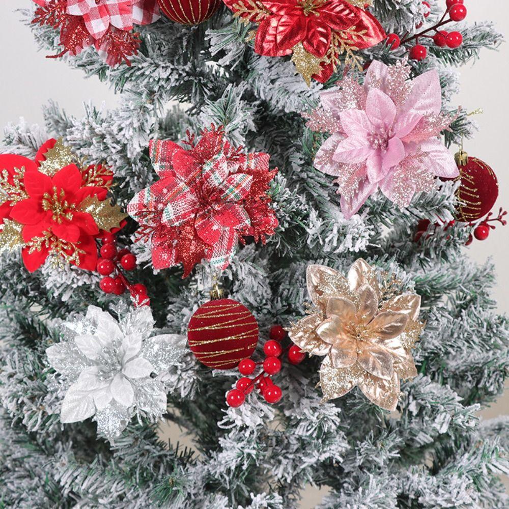 With Detachable Clips Artificial Flowers Glitter Finish Christmas Tree Ornaments Wreath Decorating