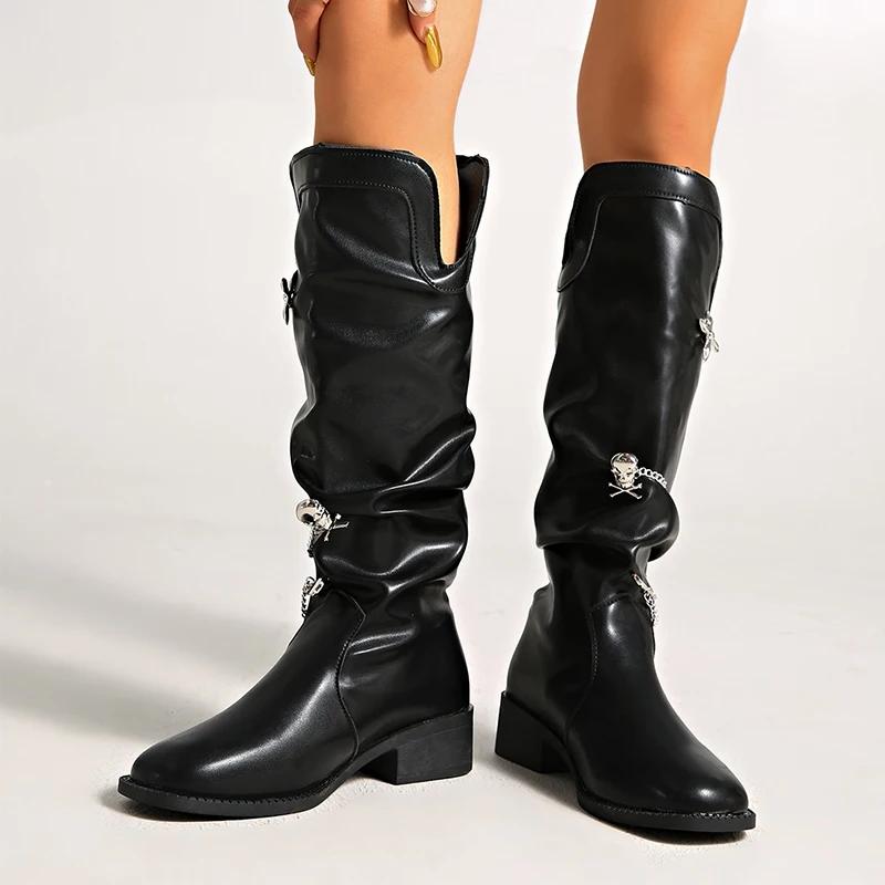 Stivali Lunghi da Donna con Catena al Ginocchio Scarpe con Tacco Inverno Marca di Designer Chelsea Stivali Lunghi 2026 Sexy Scarpe in Pelle Chunky Mujer Botas