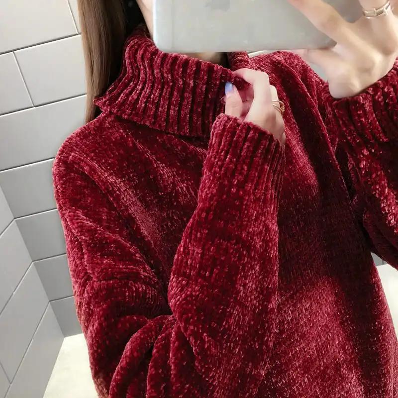 Autumn Winter Chenille Turtleneck Sweater Women's  Loose Elastic Thick Knitted Sweaters Solid Female Warm Base Shirt