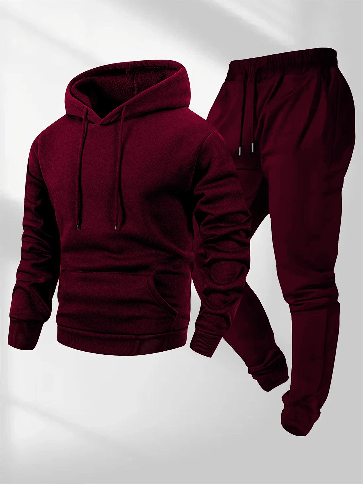 Herren Kapuzenpullover & Slim Fit Hose Set in Unifarbe (220g, Europäische Größe) - Herbst/Winter-Saison M claret
