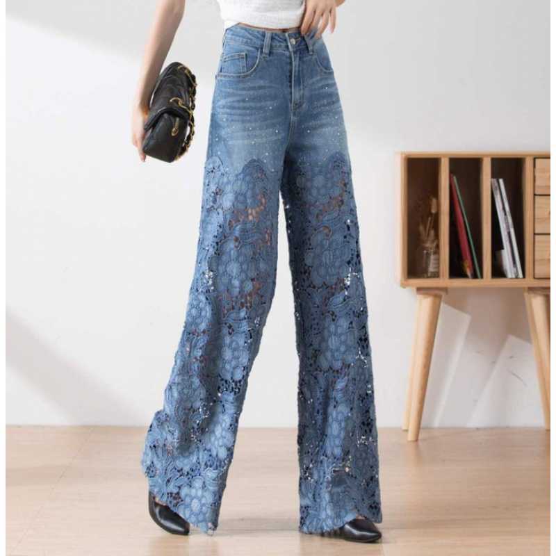 HOTDOG Dames Lace Hollow Splicing Jeans Hoge Taille Rechte Losse Casual Broek 2XL