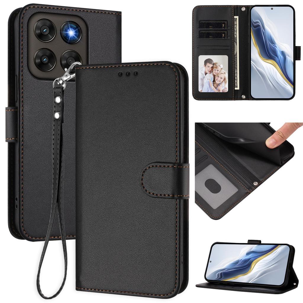 Wallet Case for Moto G67 5G - Leather/PU, Black, With Lanyard