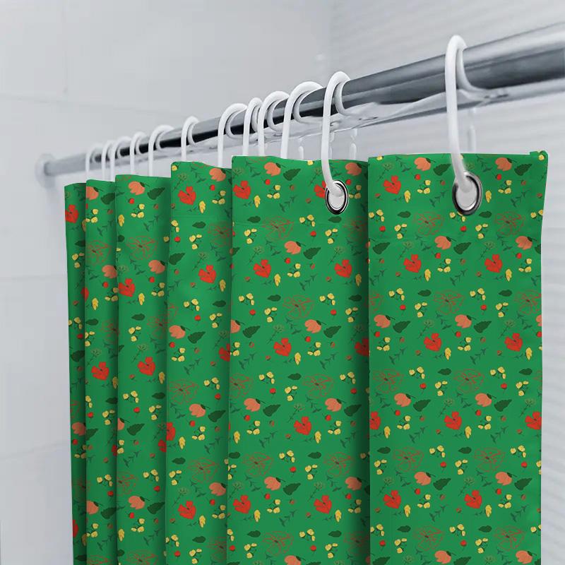 Green Pattern Shower Curtain, Bathroom Decor, Waterproof Fabric, Flower Print, Home Accessories Custom Size Available
