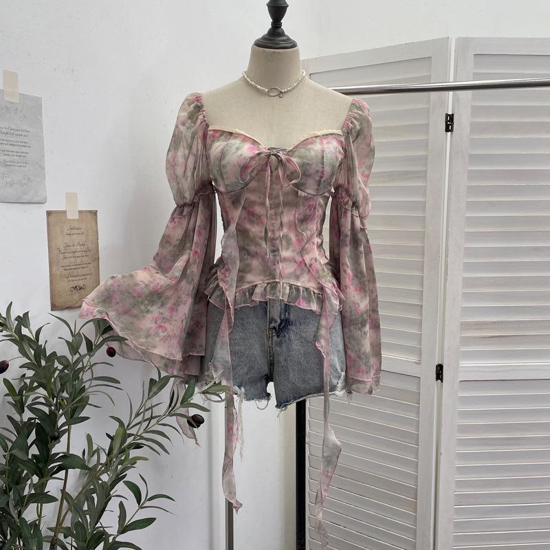 One-Shoulder Floral Print Bustier with Bell Sleeves and Lace-Up Back