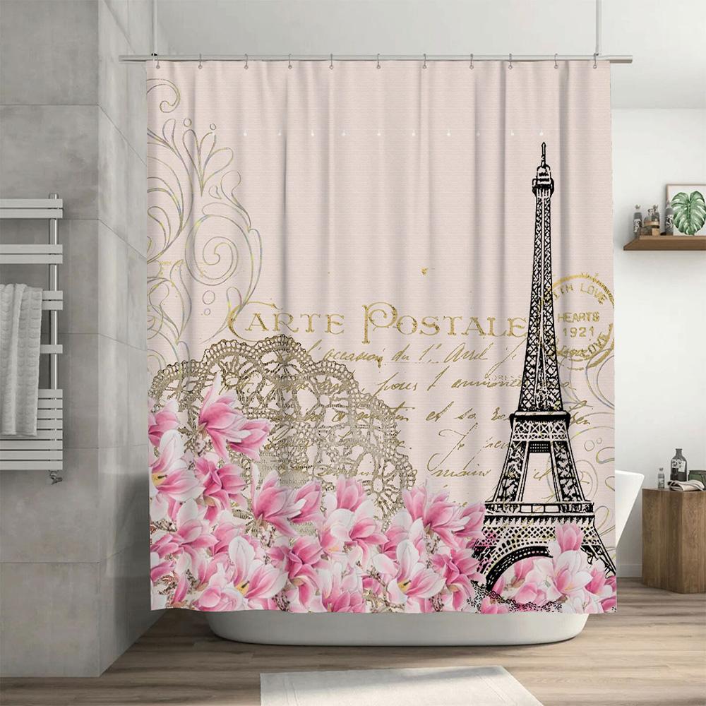 Vintage Paris Eiffel Tower Floral Shower Curtain Pink Magnolias Decorative Bath Set For Home Bathroom 3D Printed Waterproof Fabr