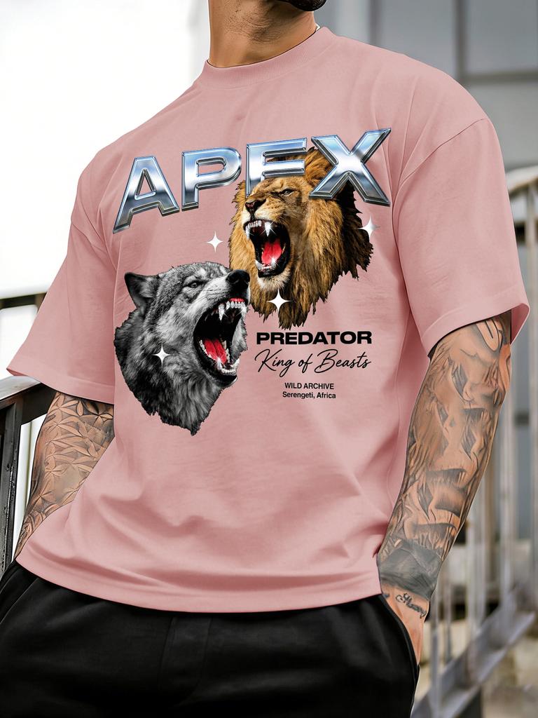 Unisexs Oversized Streetwear Tshirt Brand Apex Predator Lion Wolf Graphic Print Loose Fit Cotton Short Sleeve White Casual Tops S