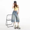 Fashion Summer Washed Light Blue Cropped Capri Denim Pants For Tall Women Loose Wide Leg Trendy Versatile Slimming FigureFlattering Bottoms