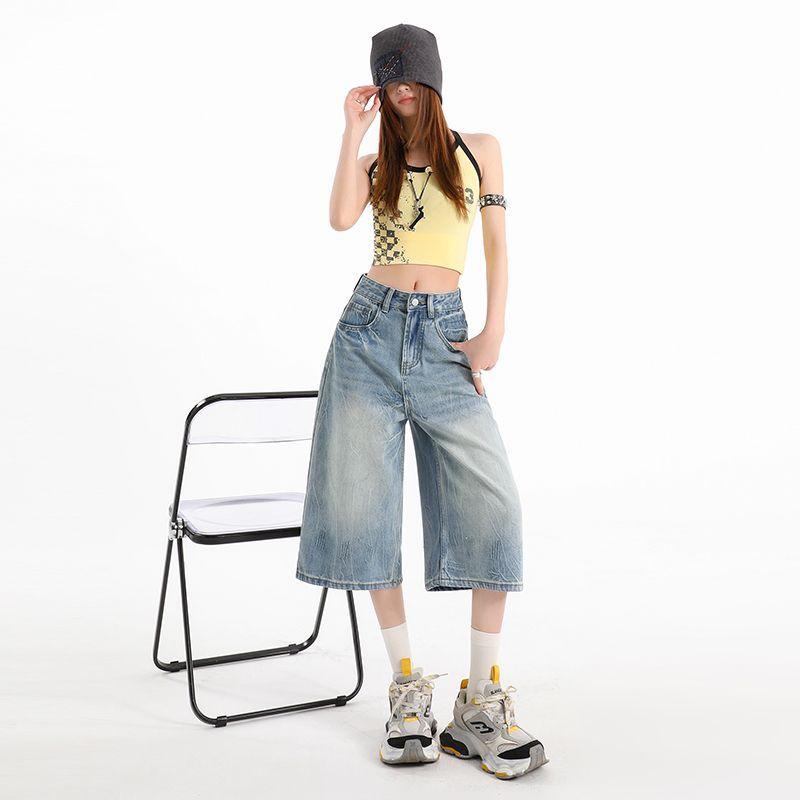 Fashion Summer Washed Light Blue Cropped Capri Denim Pants For Tall Women Loose Wide Leg Trendy Versatile Slimming FigureFlattering Bottoms