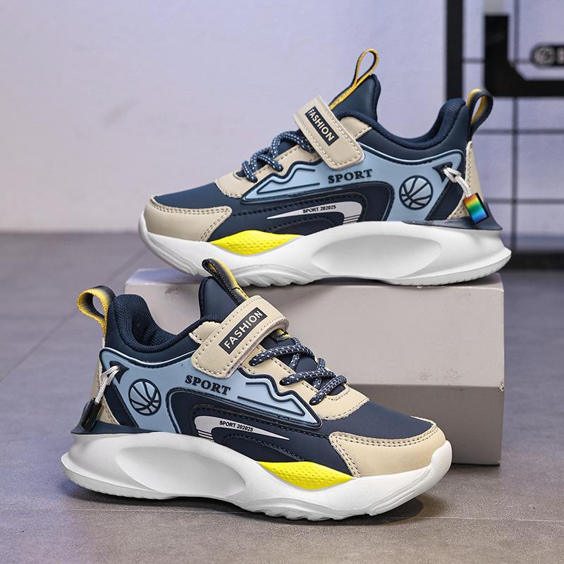 Boys' Sports Shoes Leather Surface Waterproof 2025 Spring and Autumn New Anti-microfiber Middle and Older Children's Running Shoes Primary School Stu