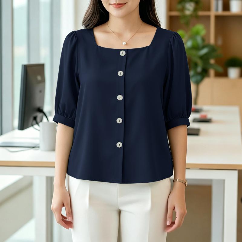 ZANZEA Women Casual Square Collar Solid Color Loose Half Sleeve Blouse