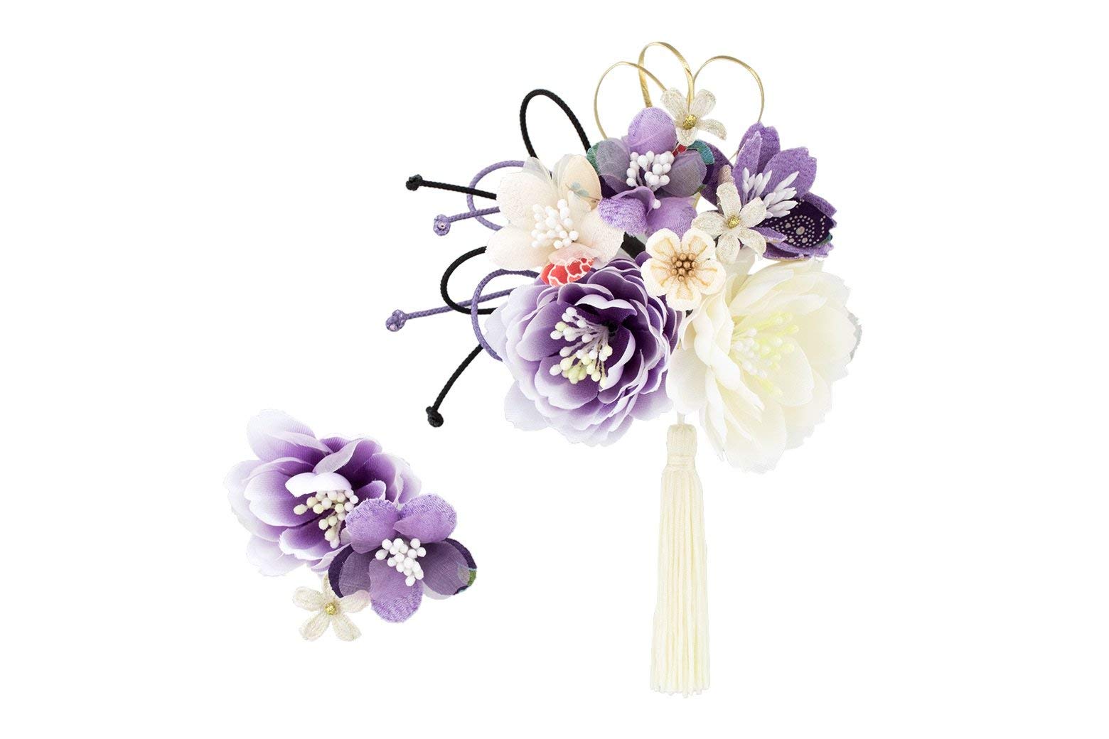 

SOUBIEN Hair Set for Ceremonies and Purple and Peony and Cherry Blossom Japanese Braided Made in Japan Ornaments, 2-Piece Coming-of-Age Graduations,