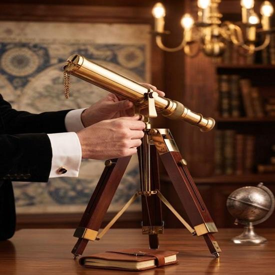 Antique Brass Telescope with Wooden Stand