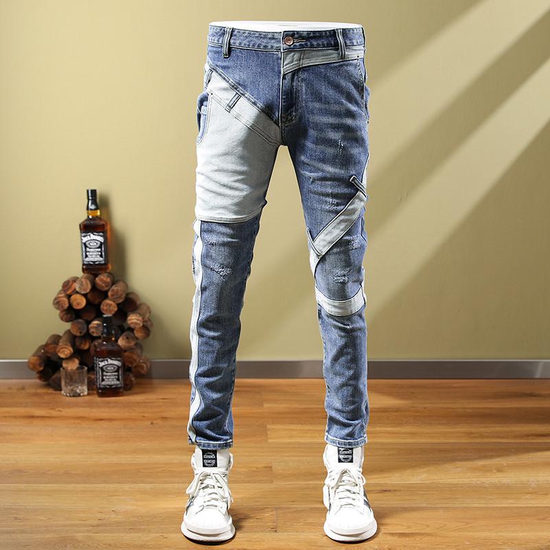 Men's Retro Patchwork Slim-Fit Elastic Jeans: Trendy, Stylish Casual Long Pants for Autumn and Winter.
