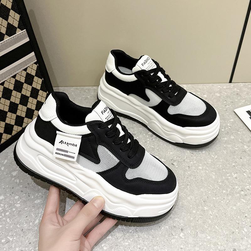 

2025 spring new thick-soled heightened mesh cowhide board shoes women s muffin soles small breathable panda little white shoes 40 чёрный
