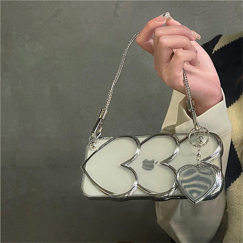 Luxury Stylish Silver Love Heart Mirror Portable Bracelet Case For iPhone 13 12 14 15 16 Pro Max 11 Plating Love Aesthetic Cover