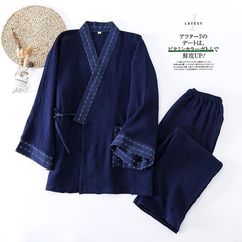 Pure Cotton Mens Pajamas Set Japanese Kimono Plus Size Long Sleeve Pant Suit Casual Comfortable Home Service Two-piece Sleepwear