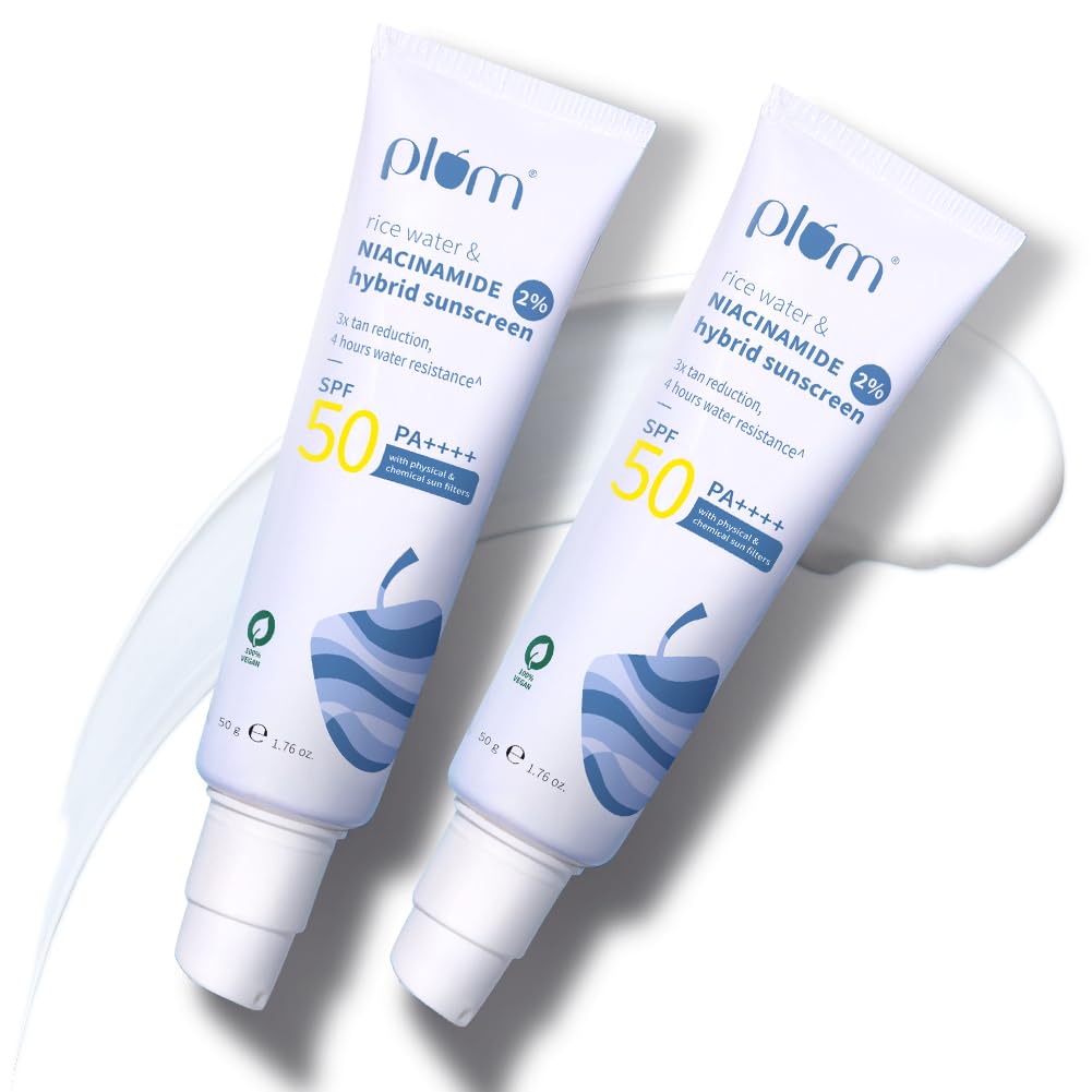Plum 2% Niacinamide Rice Water SPF 50 PA++++ Hybrid Sunscreen 50g X Pack of 2 Lightweight Non-Sticky Glow