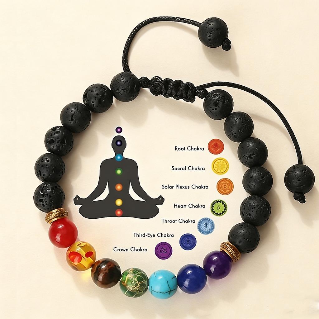 Pulseira de fio, pulseira trançada de pedra vulcânica arco-íris, pulseira de contas de pedra de energia yoga de sete pulsos, presente de Natal, presente de Dia dos Namorados