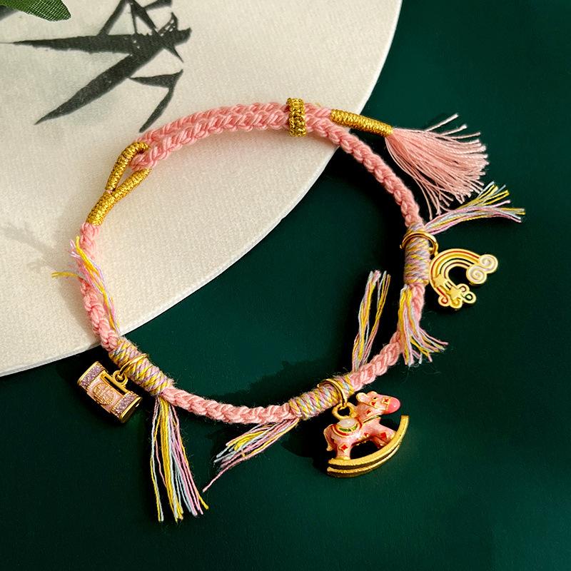 

Плетеный вручную браслет с подвеской в виде радуги и замком-пони в виде капли масла, роскошный, нишевый, модный, высококлассный, темпераментный, универсальный