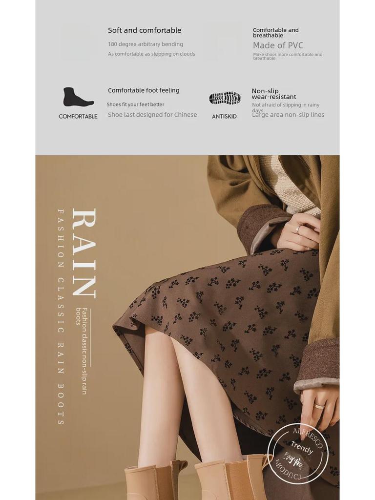 2024 Stylish Women's Waterproof Rain Boots: Thick Soles, Wear-Resistant, Heightened Design with Plus Velvet Warmth for All Seasons