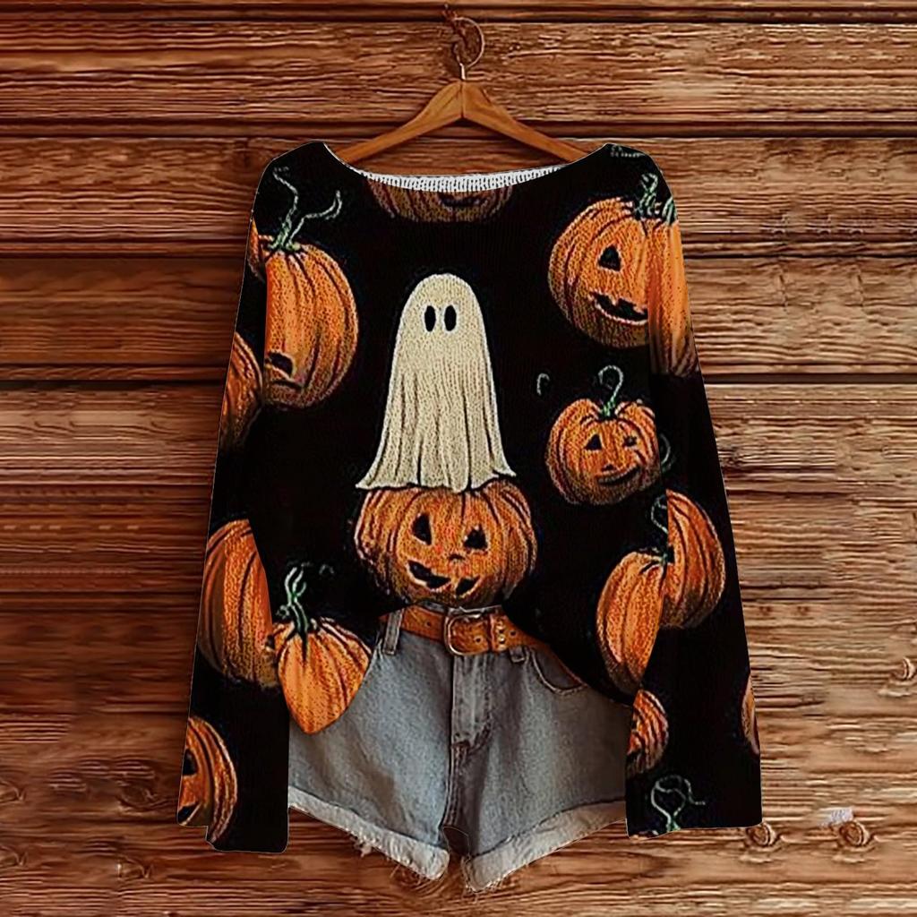 Halloween Sweaters For Women Boho Vintage Spooky Sweatshirt Graphic Print Long Sleeve Knit Pullover Tops