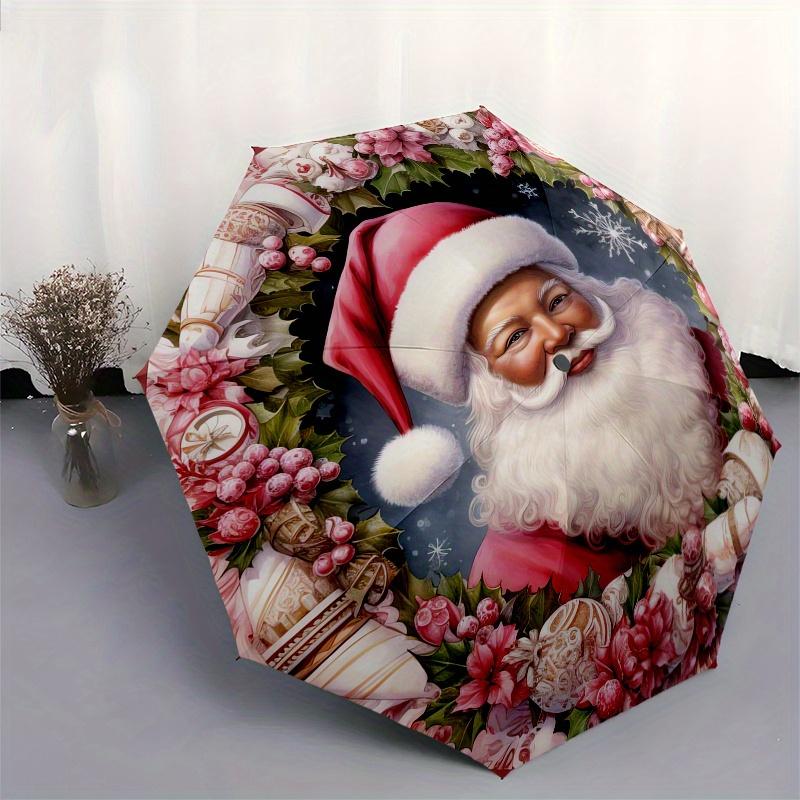 Santa Claus, Christmas wreath Theme 8 Bone Hand Automatic Folding Umbrella, Compact and Portable Design, A Perfect Gift for Birthday, Christ