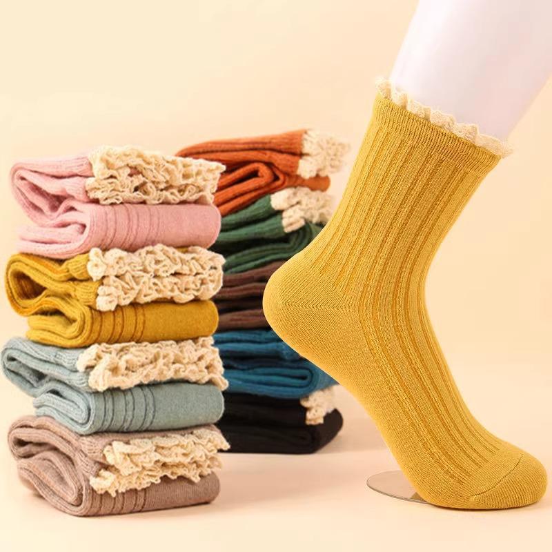 Women's Mid-Calf Socks: Japanese & Korean Style Solid Color Lace for Fall/Winter