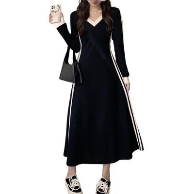 ALVEIN Long Soft Side Korean Plus Long Long Elegant Flattering Women's Dress, Lines, Stripes, Style, Casual, Sizes, Length, Sleeves, Tunic, (L)