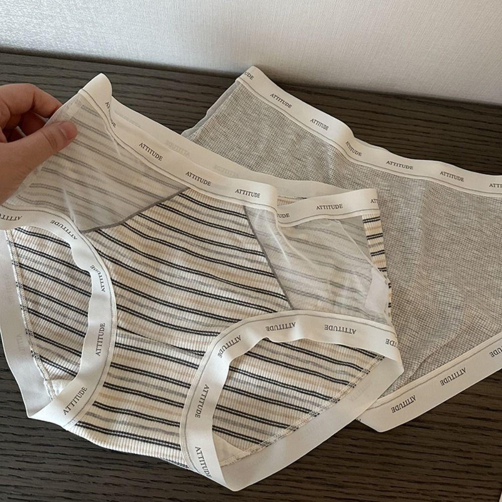 3Pcs Mid Waist Stripe Letter Briefs Ultra-thin Underwear for Women Mesh Seamless Panties  Gifts