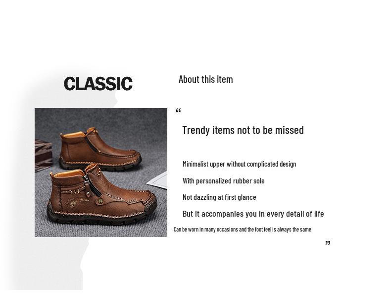 Men's Martin Boots: Autumn/Winter Zipper Casual Short Boots with Plus Size, Handmade Stitching, and Velvet Lining.