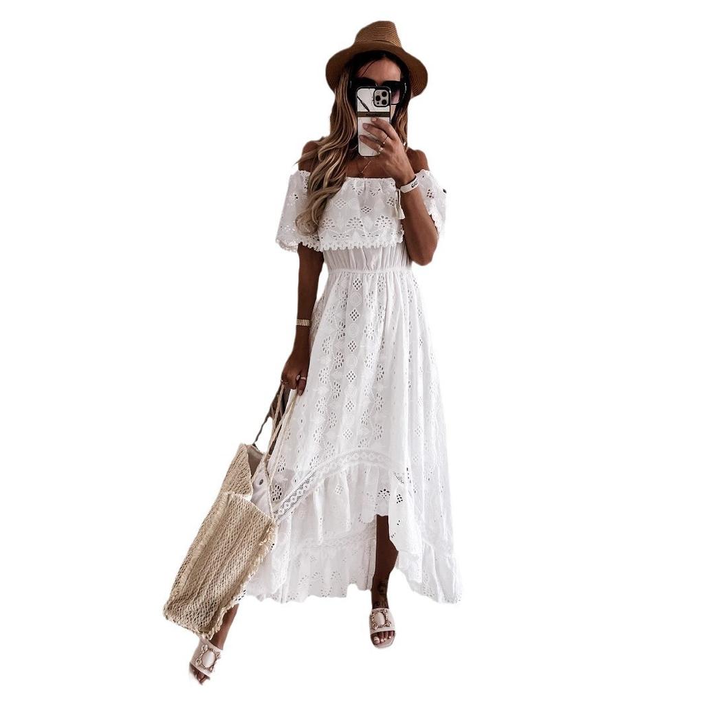 Abito Lungo Bianco Bohemien da Donna Manica Corta Scollo a Barca Pizzo Ruffle Ampio Abito Estivo Vacanza Spiaggia Abiti Casual Femminile