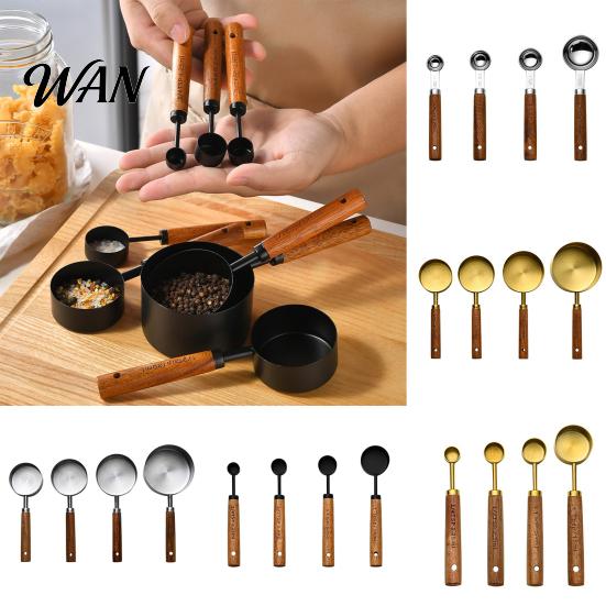 Durable Baking Tools 4Pcs Gold-Plated Stainless Steel Measuring Spoons & Cups Set, Precision with Kitchen Spoon Set Wood Handle, Nested Food Grade Kit