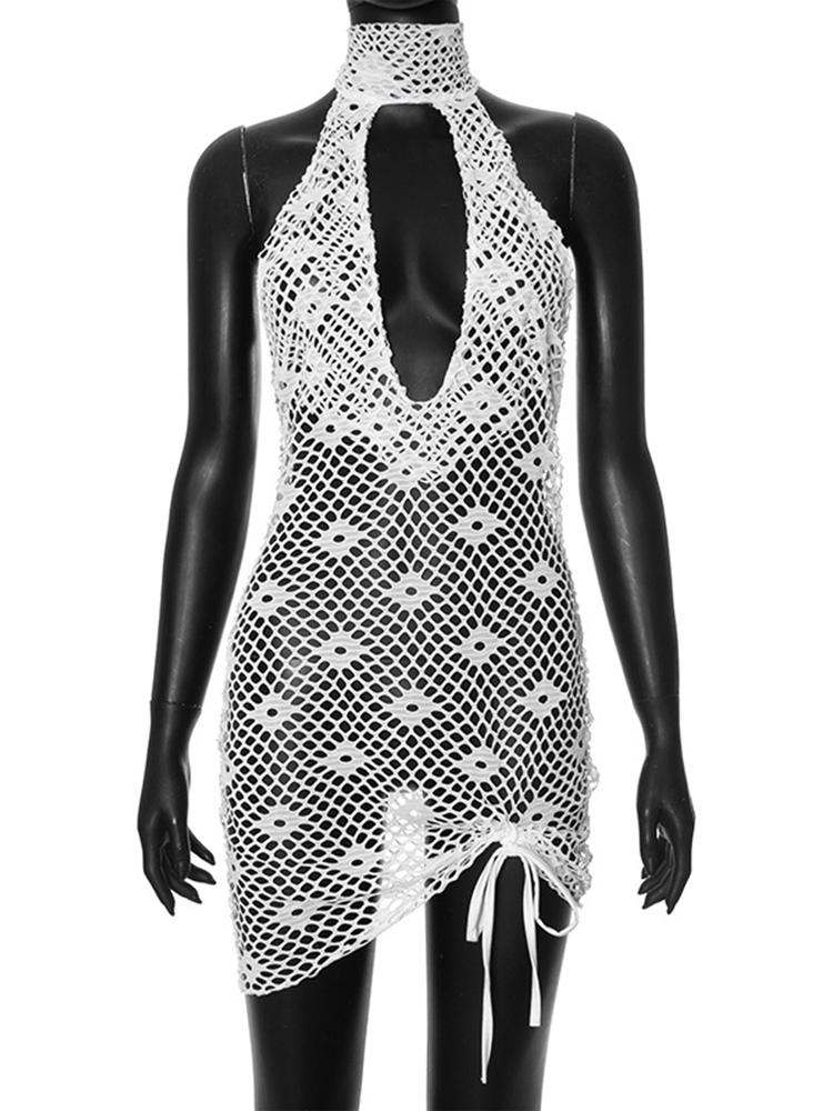 EDOLYNSA Mini robe de plage en maille découpée, col rond, bretelles découpées, Sexy, vêtements de plage, vacances, Cover-Up pour les maillots de bain, A2854, été 2024