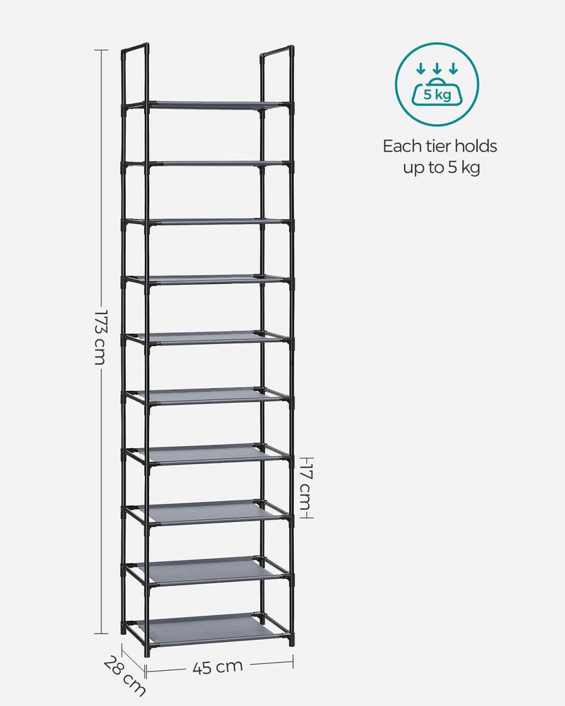 SONGMICS 10-Tier Shoe Rack, Shoe Stand, Space-Saving Shoe Storage, 45 x 28 x 173 cm, Metal Frame, Non-Woven Fabric Shelves, for Hallway, Bedroom, Grey
