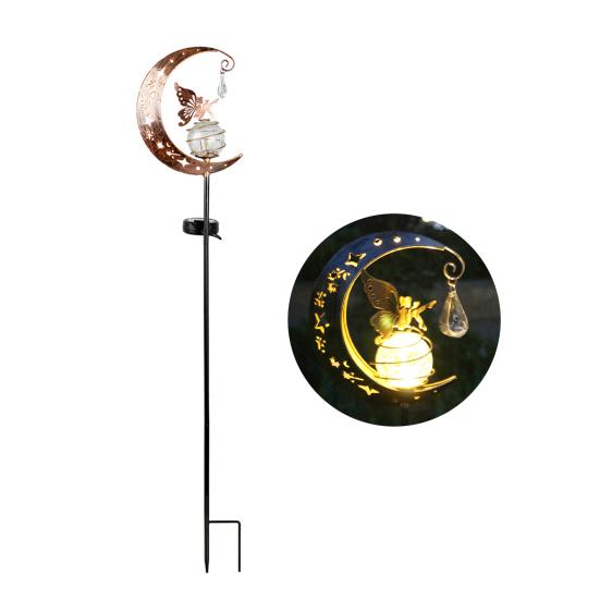 Fairy Moon Solar Garden Stake Light, Waterproof Half Moon LED Pathway Decor, Crackle Glass Ball LED Light, Metal Crescent Lamp for Outside Yard Patio