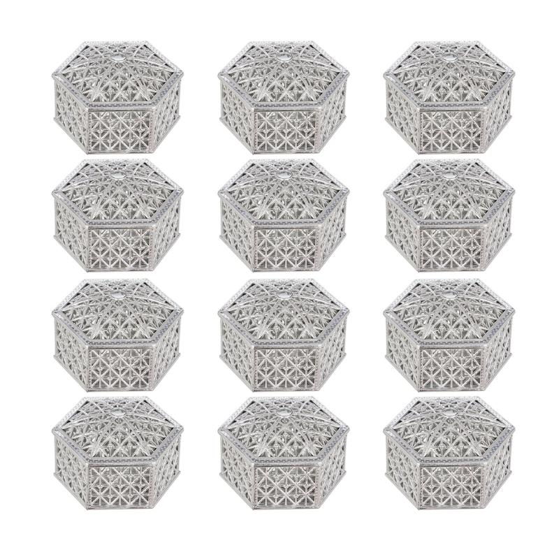 

12 шт. Пластиковые коробочки-подарочки с крышкой, полые, свадебные, контейнер для хранения конфет для вечеринки, стильные коробки для упаковки десертов серебряный