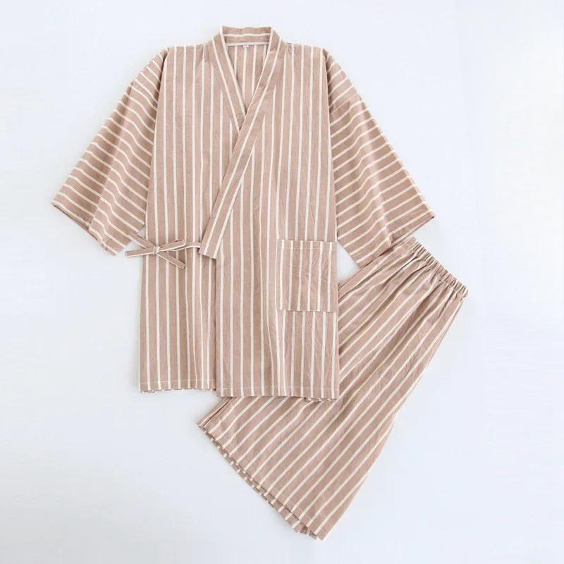 Cotton Thin Striped Pajamas for Men and Women Kimono Short-sleeved Shorts Pijamas Couple Summer V-Neck Home Clothes