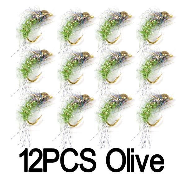 12PCS #12 Bead Head Nymphs Pink Blue Pearl Olive Purple Trout Fishing Nymph Flies