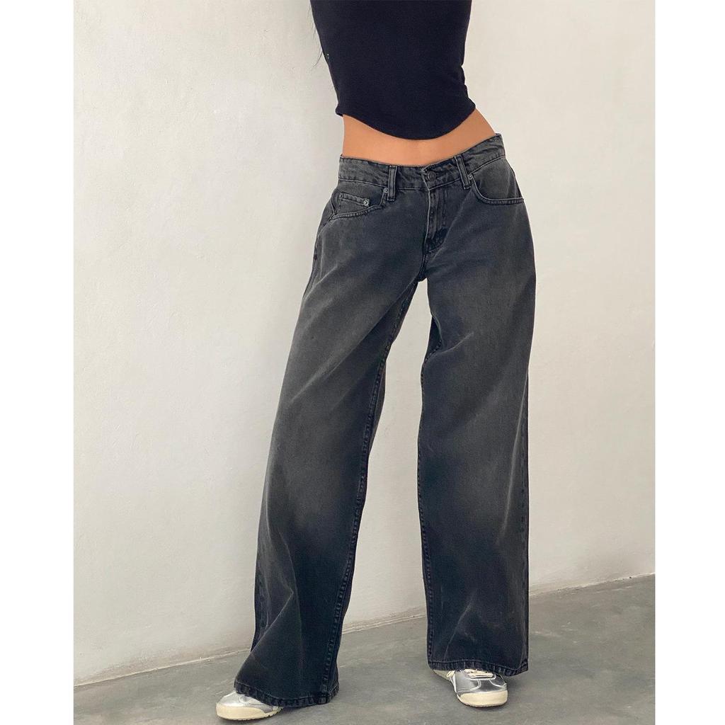 Women's Retro Low Waist Washed Straight Leg Jeans - Wide Leg Autumn Denim Pants