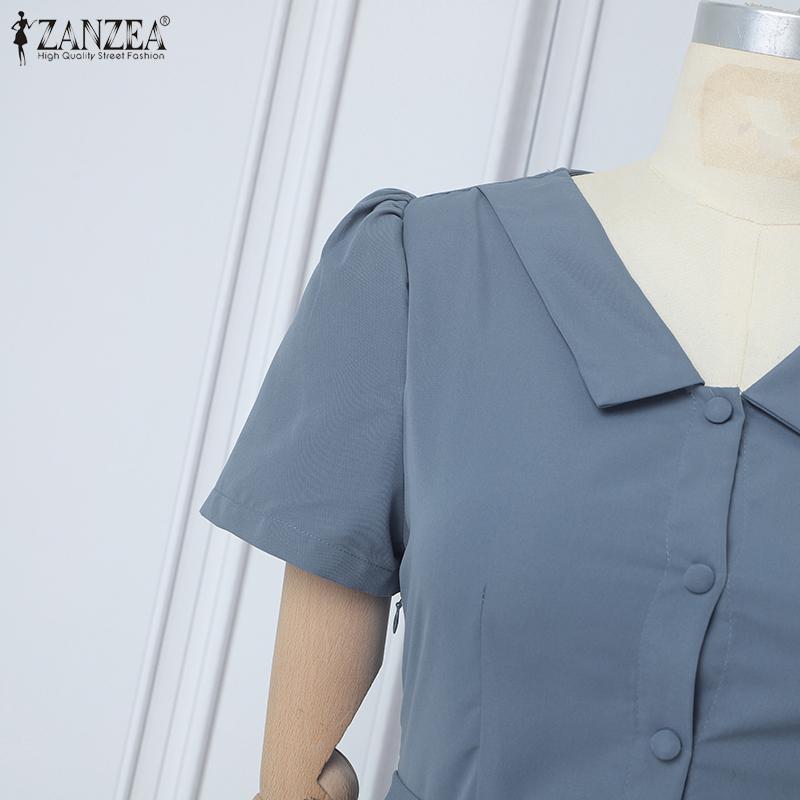ZANZEA Women Summer Casual V-Neck Short Sleeve Pleated Dress