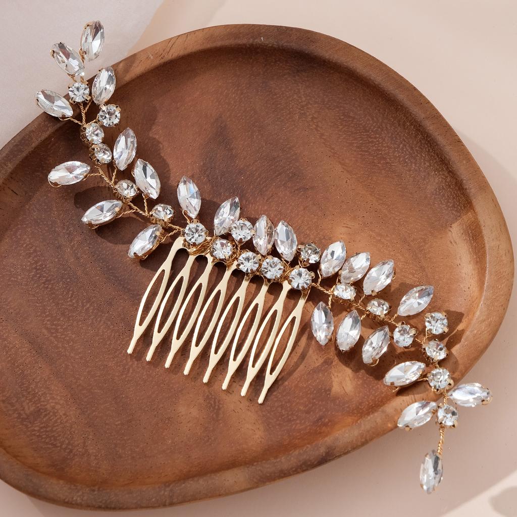 Wedding Hair Accessories Gold Rhinestone Hair Comb Wedding Banquet Updo Hair Ornaments Crystal Leaf Bridal Comb