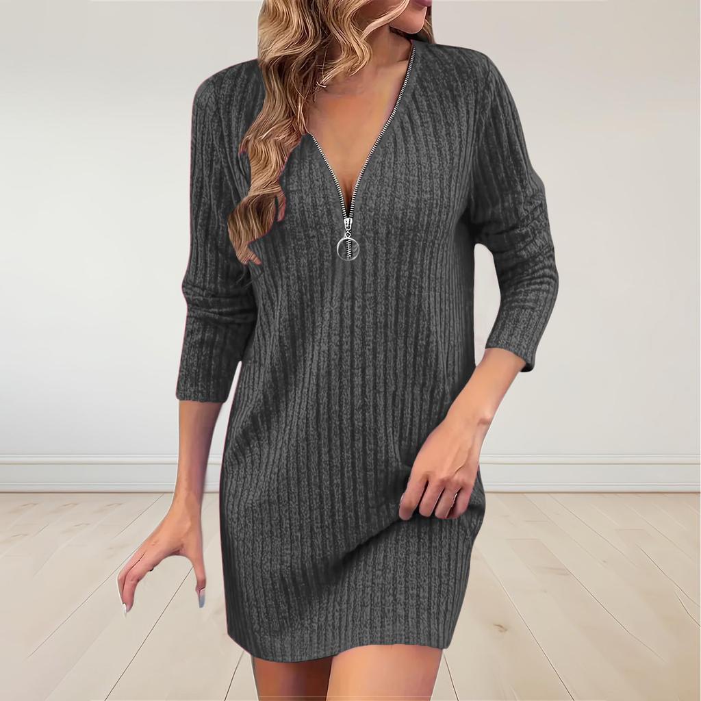 Women's Color Knitted V-Neck Long Sleeve Zipper Dress for Casual Wear