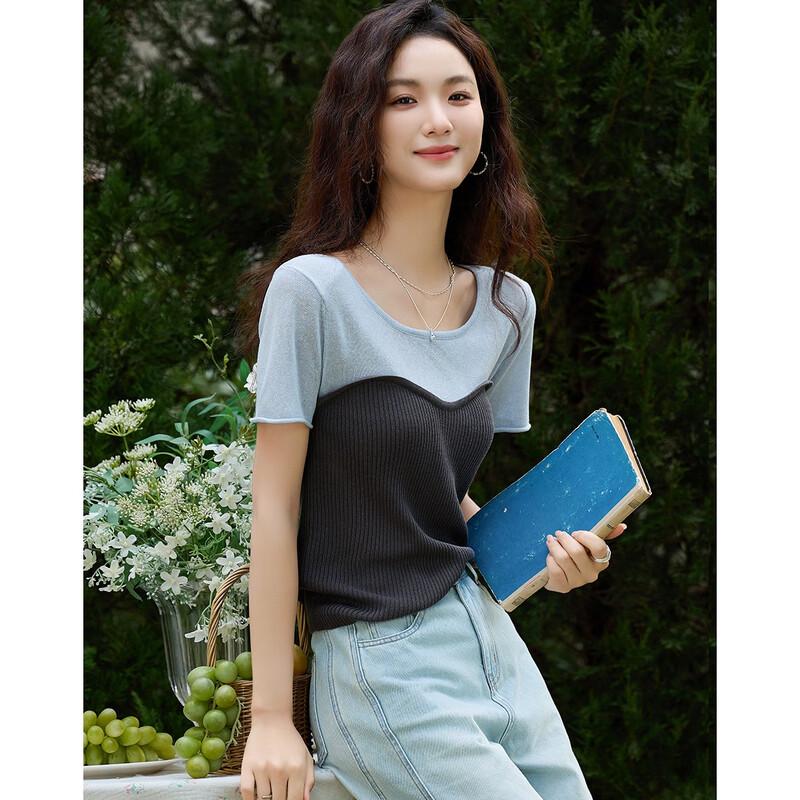 Demana Women's Color Block Knit Short Sleeve Top