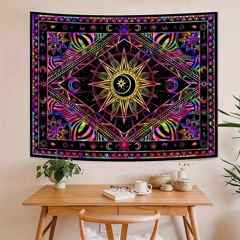 VIKAMA Bohemian Mandala Tapestry UV Reactive Psychedelic Sun Wall Hanging for Bedroom Dorm Yoga Room Decor