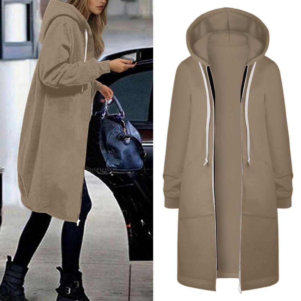 Women's Fashionable Solid Color Long Sleeved Pocket Long Hoodies Zipper Casual Coat Fall Jackets Sweatshirts Clothes