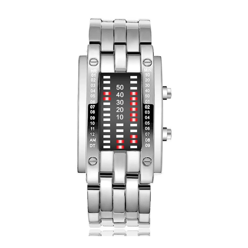 Männer Frauen Zukunftstechnologie Binär Schwarz Edelstahl Paar Uhr Datum Digital LED Armband Sport Uhren