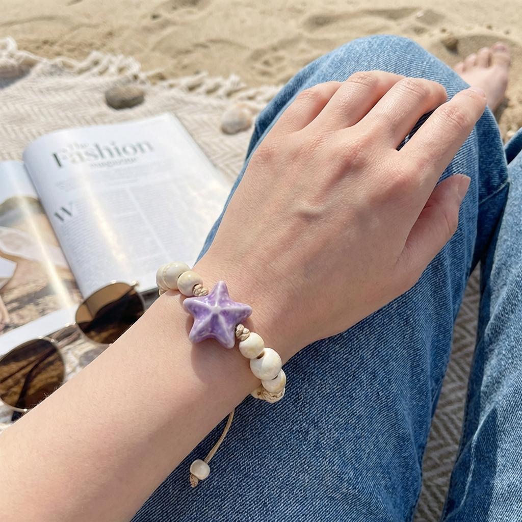 Bohemia Cute Ceramic Starfish Beads Bracelet For Women Handmade Braided Rope Beaded Bracelets Summer Beach Party Charm Jewelry