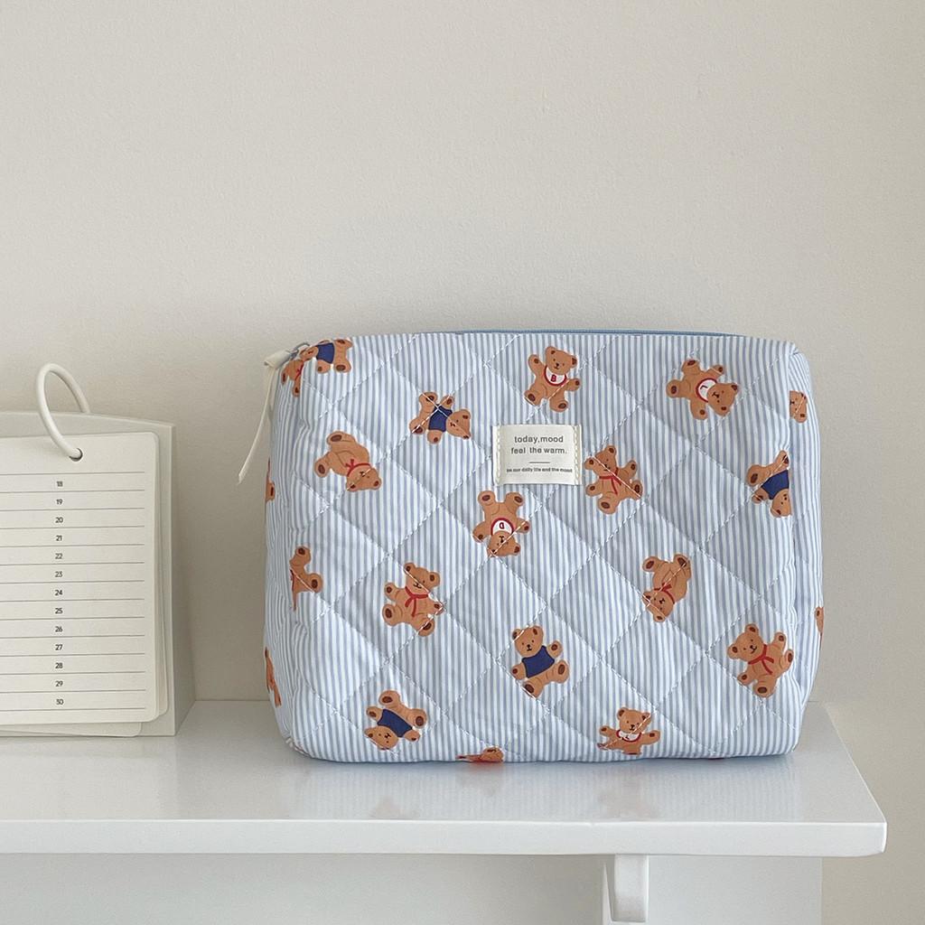Blue Striped Bear Cosmetic Bag With Quilted Storage For Daily Use And Travel