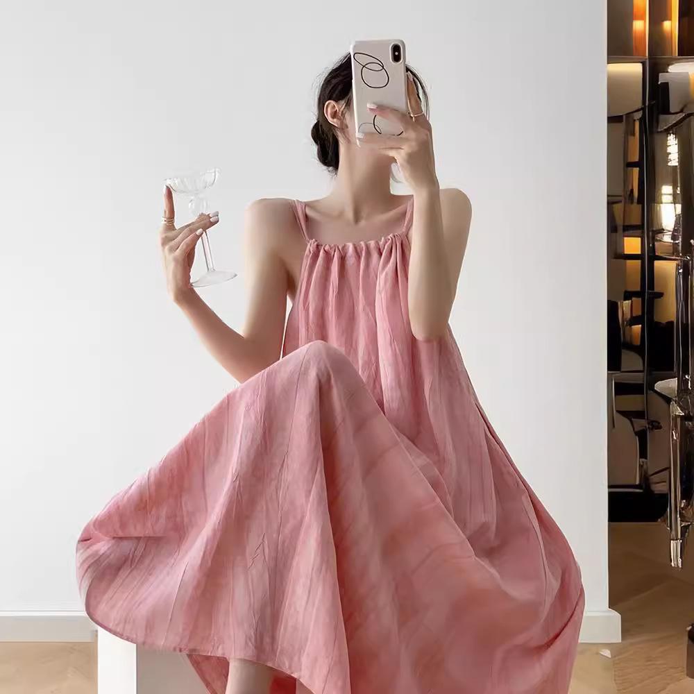 Dopamin-Pink Fleckenkleid Damen Sommer Show Dünnes Temperament Großer Schwingrock Ärmellos Strand langes Kleid Urlaub Trägerrock